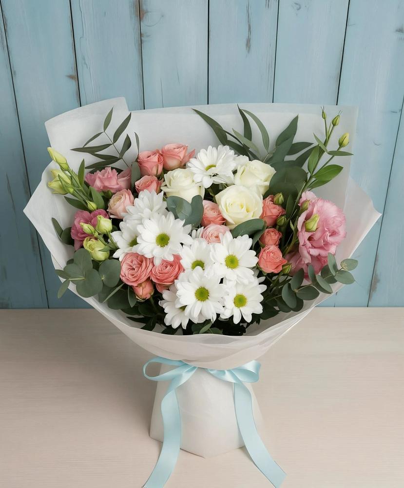 Букет цветов из: Розы, Лизиантусы и Хризантемы в Рыбаки