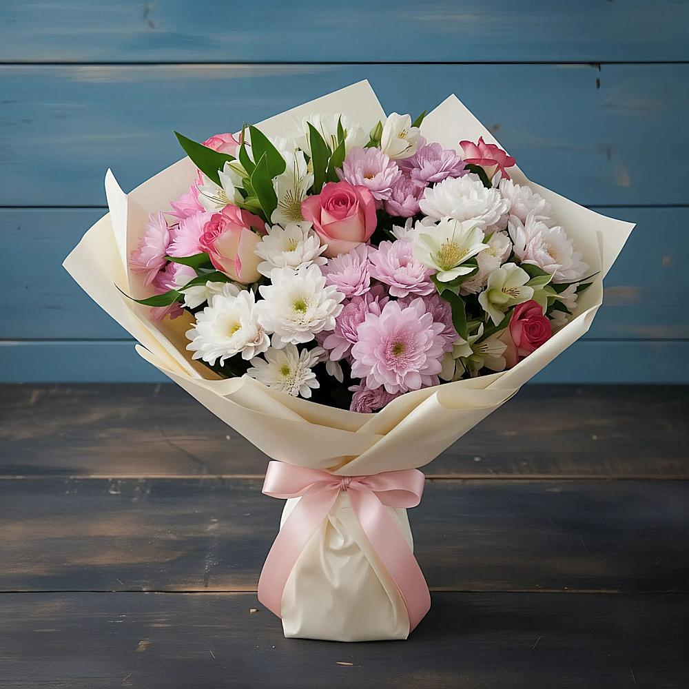 Букет цветов из: Хризантемы, Альстромерии и Розы в Рыбаки